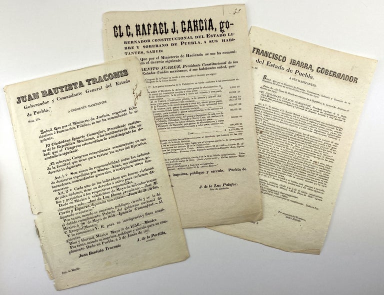 Item #1690 [Large Group of Broadside Decrees Issued by the State Government of Puebla During the Mid-19th Century]. Mexico.