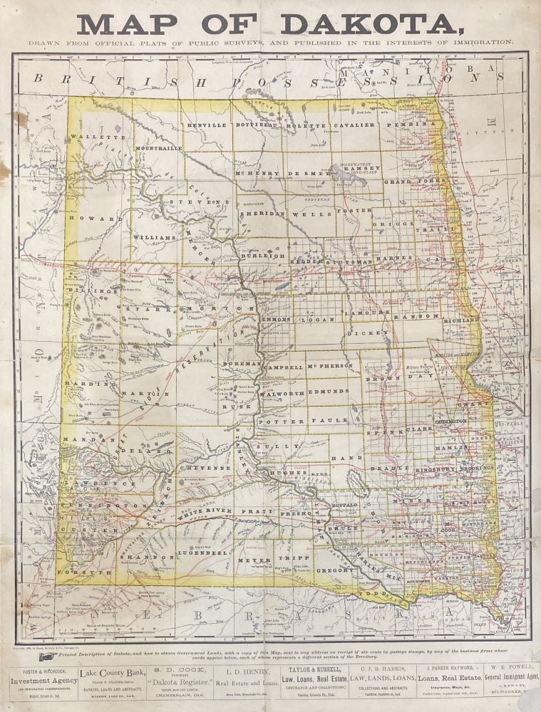 Item #2636 Map of Dakota, Drawn from Official Plats of Public Surveys, and Published in the Interests of Immigration [caption title]. Dakota, Maps.