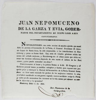 Item #3328 Juan Nepomuceno de la Garza y Evia, Gobernador del Departamento de Nuevo Leon a Sus...