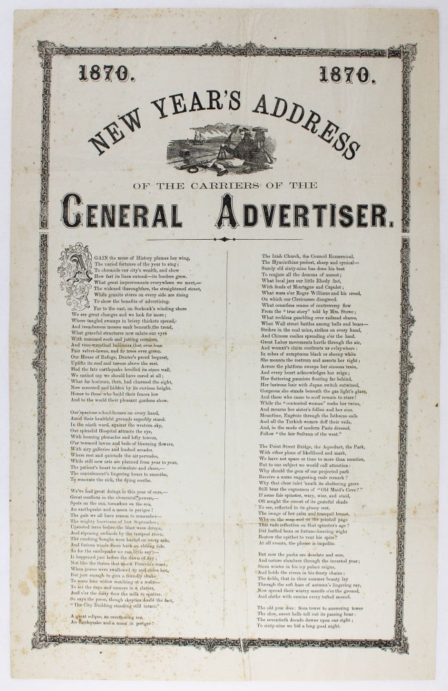 Item #3800 1870. 1870. New Year's Address of the Carriers of the General Advertiser. Carrier's Address, Rhode Island, Sarah Helen Whitman.