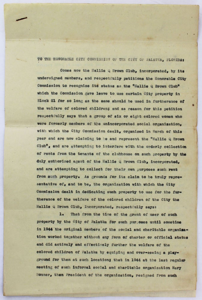 Item #3905 [Petition Pertaining to the Activities of the Hattie Q. Brown Club, an African-American Women's Social Club]. African Americana, Hattie Q. Brown Club, Florida.