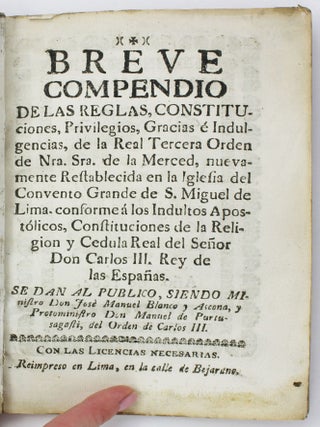 Item #4200 Breve Compendio de la Reglas, Constituciones, Privilegios, Gracias e Indulgencias, de...