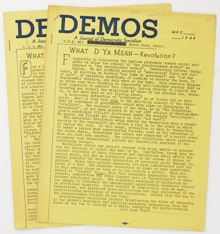 Item #4504 Demos. A Journal of Democratic Socialism [May 1944 / June-July 1944]. Socialists, Conscientious Objectors.