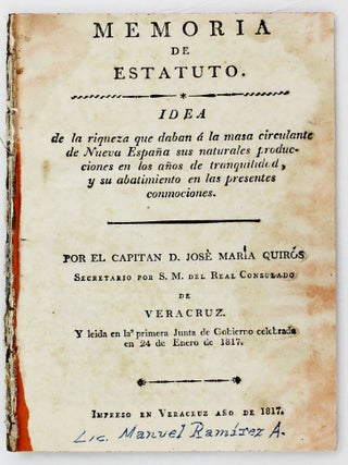 Item #5224 Memoria de Estatuto. Idea de la Riqueza Que Daban á la Masa Circulante de Nueva...