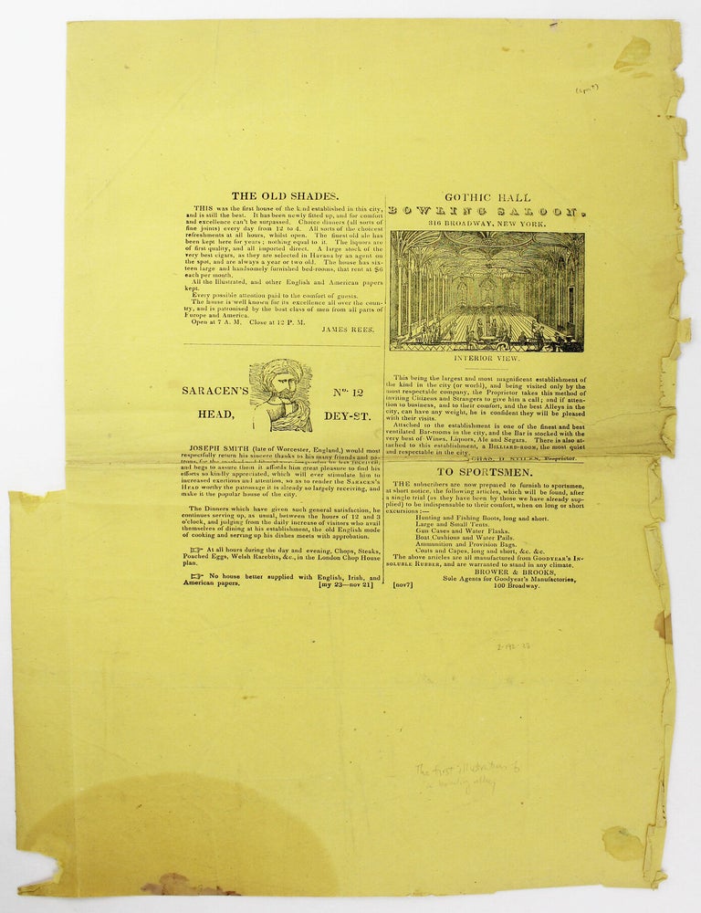 Item #6460 The Old Shades / Gothic Hall Bowling Saloon [caption title]. Bowling, New York.