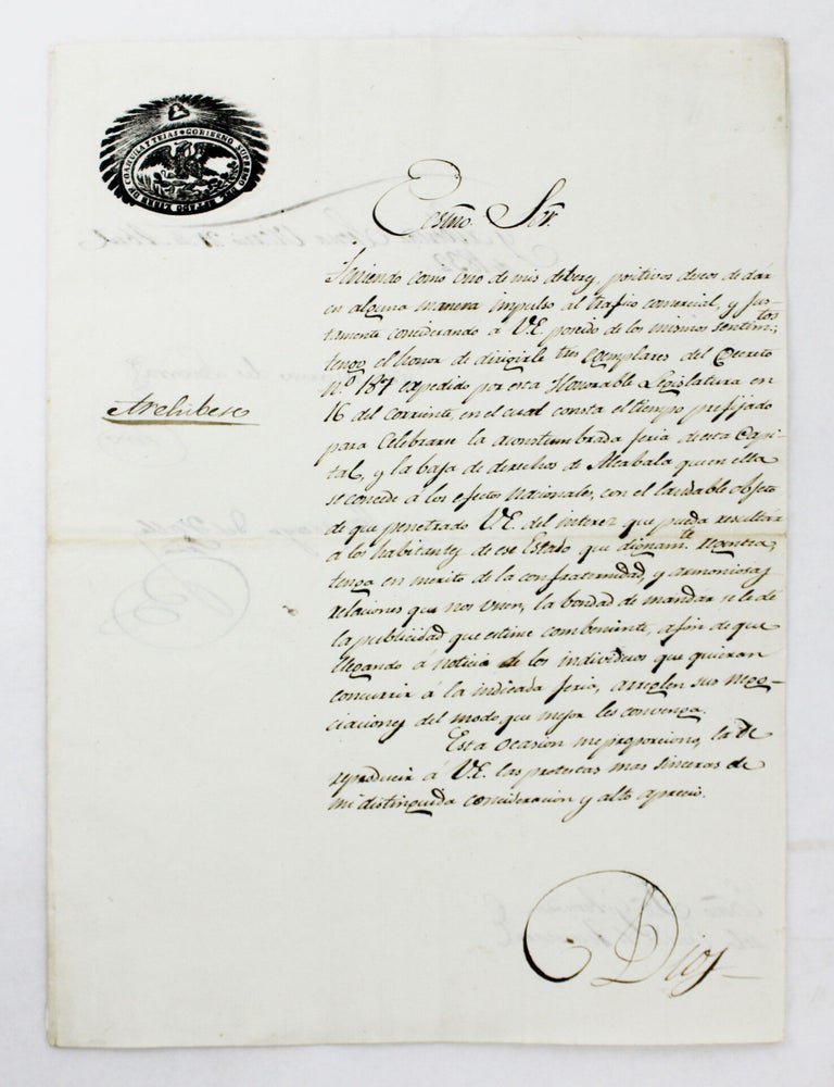 Item #6520 [Manuscript Letter from the Governor of Coahuila y Texas, Inviting Business Owners in Guanajuato to a Trade Fair in Saltillo]. Jose Maria de Letona.