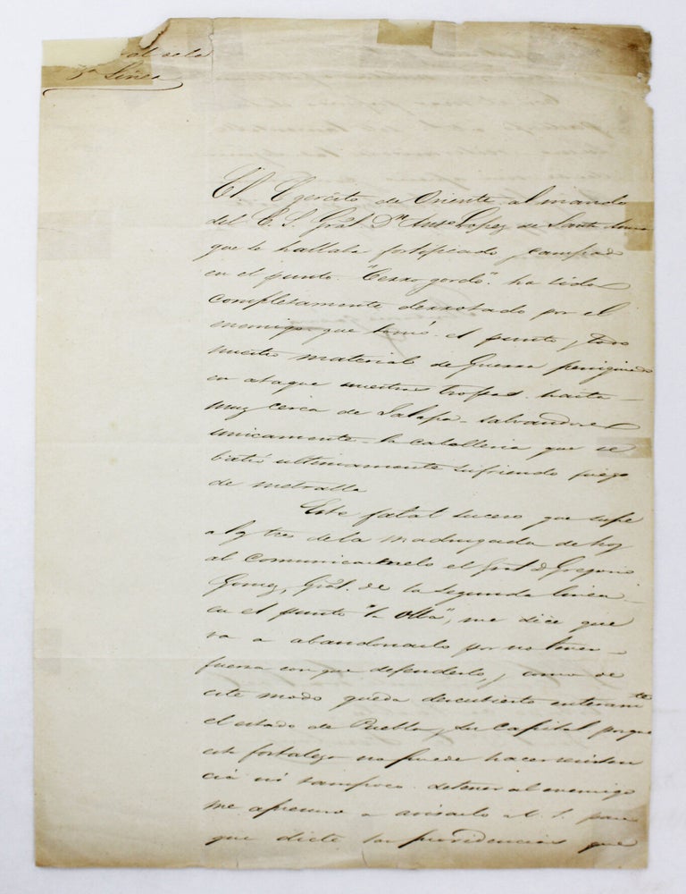 Item #6521 [Autograph Letter, Signed, by General Antonio Gaona to General Cosme Furlong, Sending News of Santa Anna's Catastrophic Defeat at Cerro Gordo]. Mexican-American War, Antonio Gaona.