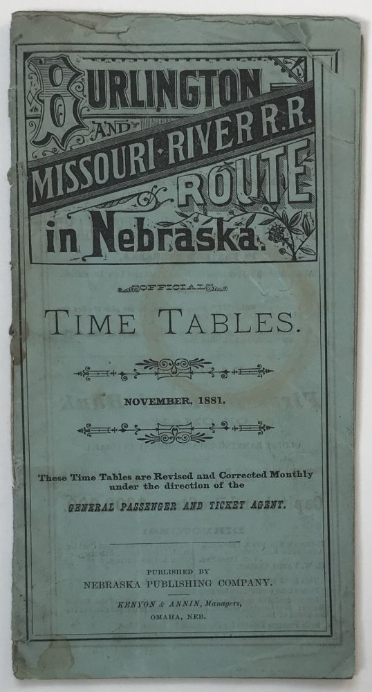 Item #1020 Burlington and Missouri River R.R. Route in Nebraska [cover title]. Nebraska, Railroads.