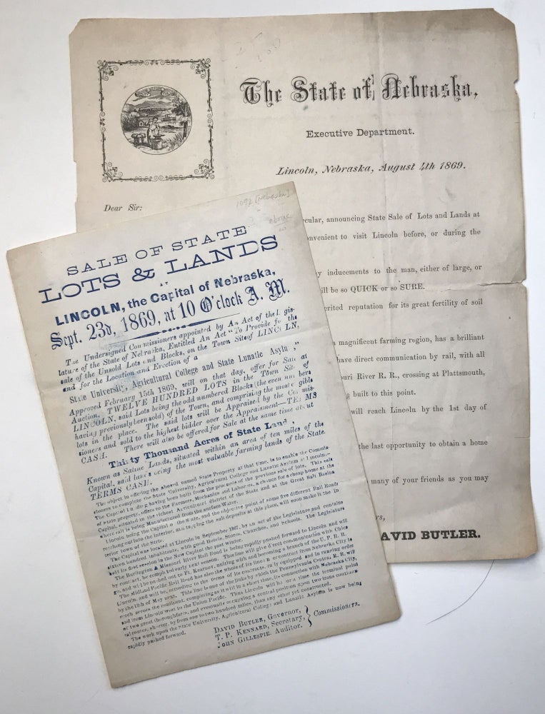 Item #1092 [Two Promotional Pieces for State Government Land Sales in Lincoln, Nebraska during 1869]. Nebraska.