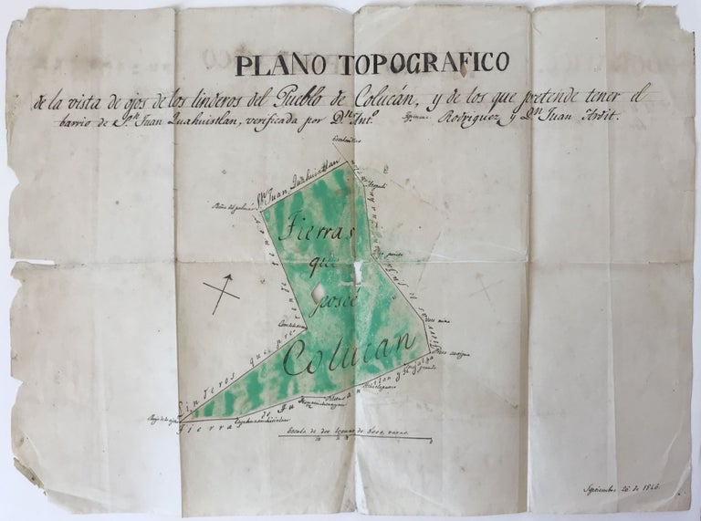 Item #1360 Plano Topographico de la Vista de los Linderos del Pueblo de Colucán... [manuscript title]. Mexico.