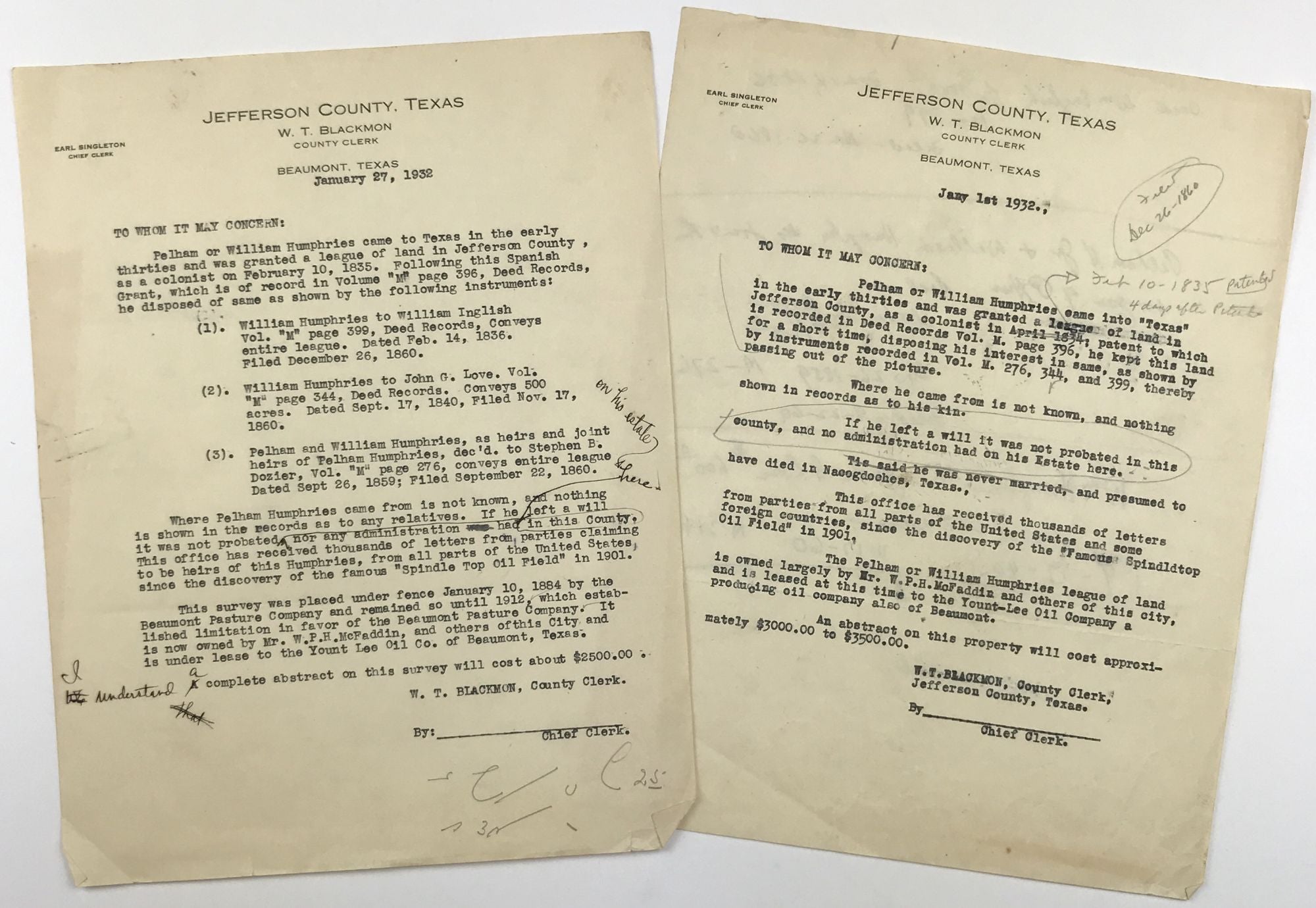 Archive of Correspondence and Records Related to Speculative Claims on the Spindletop Estate by Texas Oil on McBride Rare Books