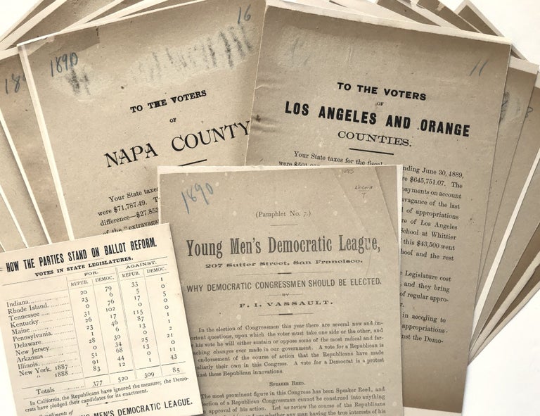 Item #1685 [Group of Twelve Handbills Defending Legislative Expenditures in California Before the 1890 Election]. California, Politics.
