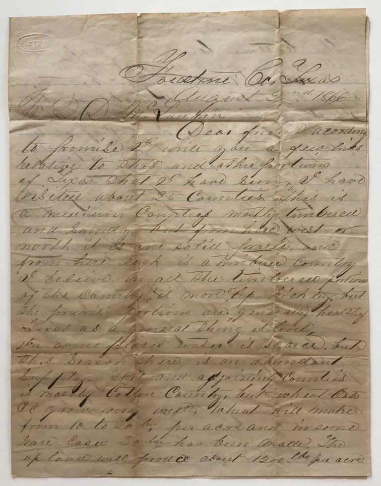 Item #1688 [Autograph Letter, Signed, Discussing Different Types of Agricultural Production in Texas]. Texas, Farming.