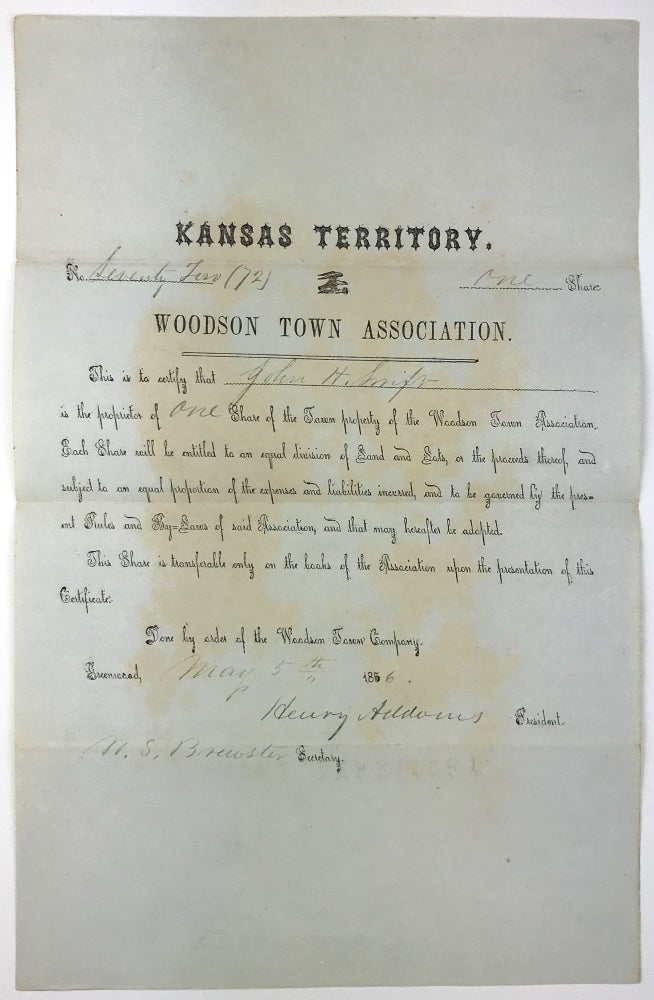 Item #1748 [Printed Broadside, Completed in Manuscript, for the Woodson, Kansas, Town Association]. Kansas.