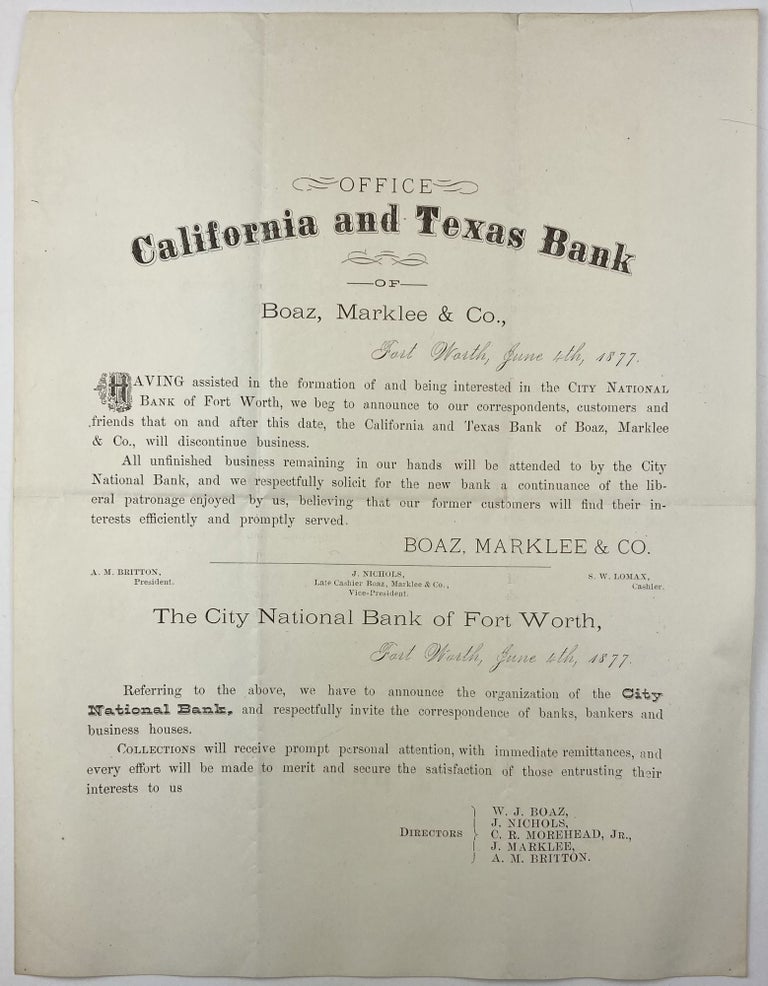 Item #1806 Office California and Texas Bank of Boaz, Marklee & Co... [caption title]. Texas, Finance.