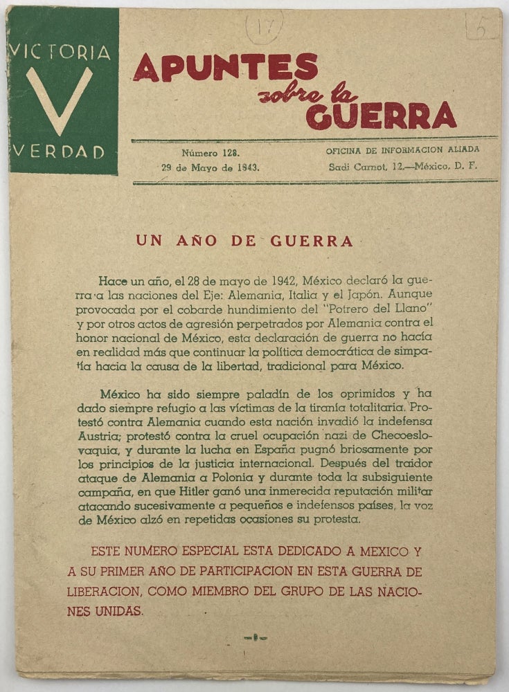 Item #1918 Apuntes Sobre la Guerra. Numero 128. 29 de Mayo de 1943. World War Two, Mexico.