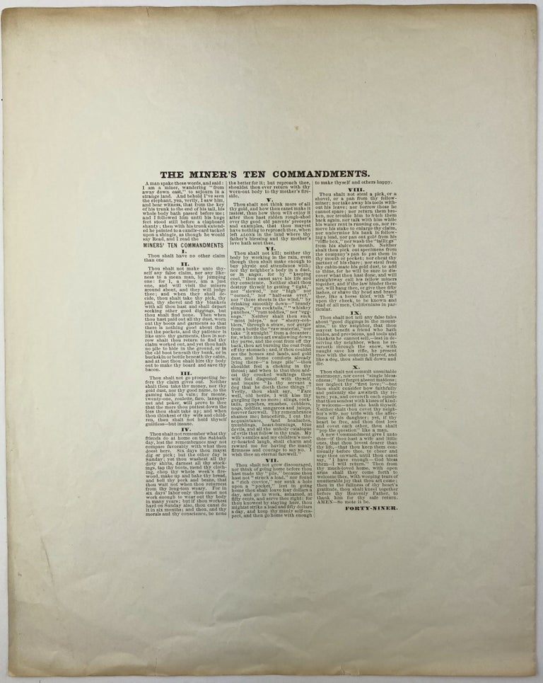 Item #1934 The Miner's Ten Commandments [caption title]. California, Pictorial Letter Sheets, James M. Hutchings.