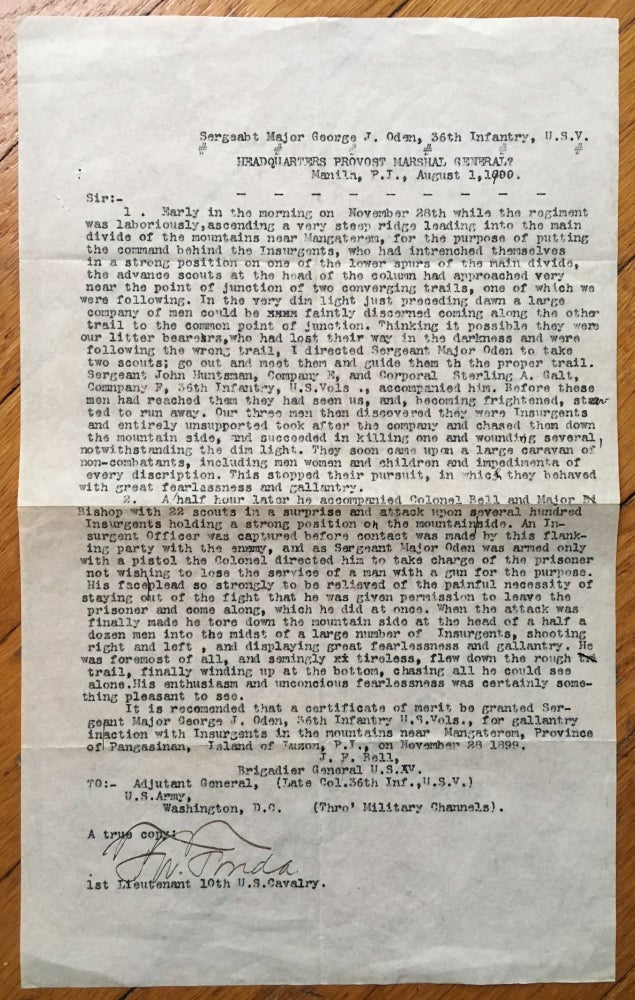 Item #208 [Typed Letter of Commendation for Sergeant Major George J. Oden of the 36th Infantry]. Spanish-American War.