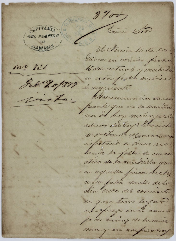 Item #2090 [Manuscript Regarding the Disappearance of a Chinese Indentured Servant from a Plantation]. Cuba, Slavery.