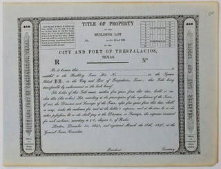 Item #2095 [Unused Stock Certificate for Land in the City and Port of Trespalacios, Texas]....