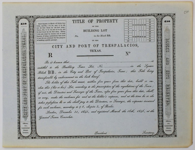 Item #2095 [Unused Stock Certificate for Land in the City and Port of Trespalacios, Texas]. Texas, Land.