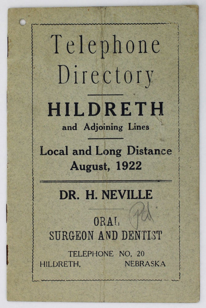 Item #2258 Directory of the Hildreth Telephone Co. General Office, Hildreth, Nebraska. August, 1922 [caption title]. Nebraska.