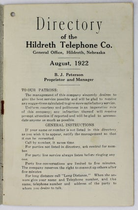 Directory of the Hildreth Telephone Co. General Office, Hildreth, Nebraska. August, 1922 [caption title]