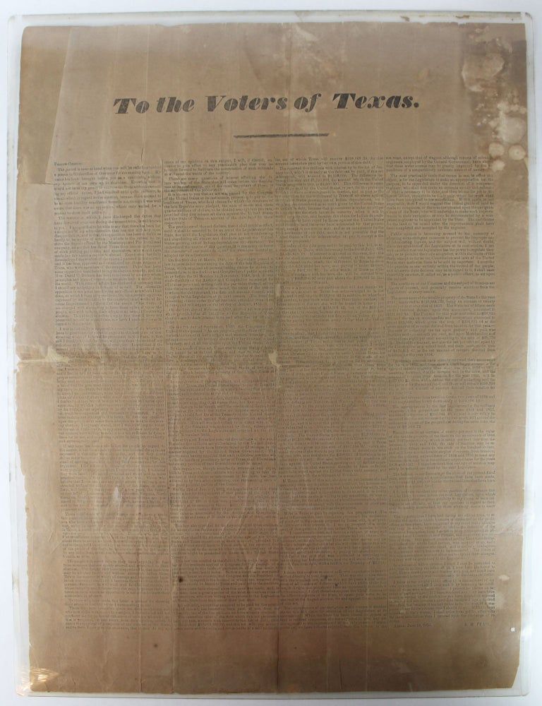 Item #2351 To the Voters of Texas. Fellow Citizens: The Period Is at Hand When You Will Be Called on to Elect a Person to Fill the Office of Governor for the Ensuing Term [caption title and first line of text]. Texas, Elisha M. Pease.