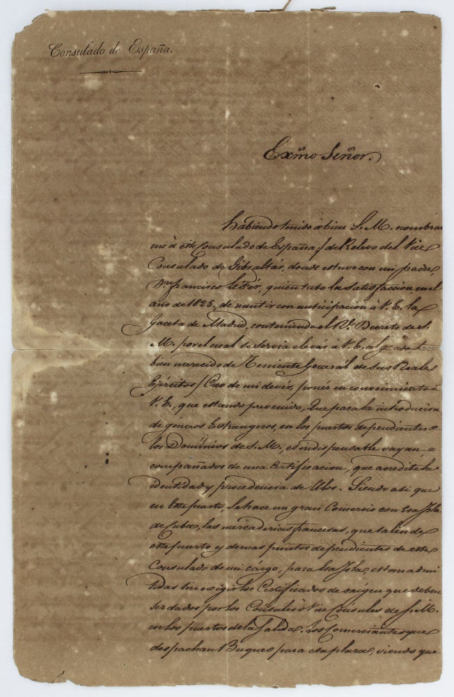 Item #2401 [Manuscript Letter, Signed, from the Spanish Consulate in Gibraltar to the Governor General of Cuba Discussing Cargo and Shipping]. Cuba, Trade.