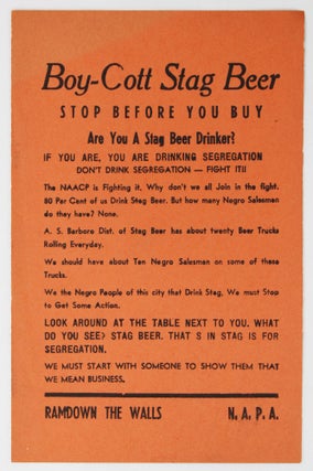 Item #2418 Boy-Cott Stag Beer. Stop Before You Buy [caption title]. Civil Rights Movement,...