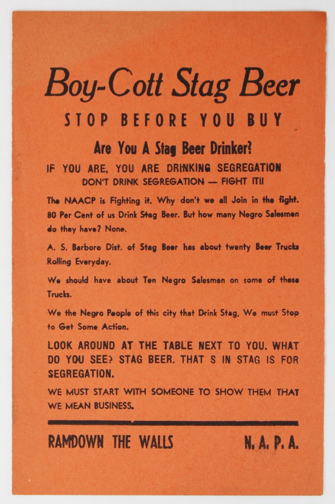 Item #2418 Boy-Cott Stag Beer. Stop Before You Buy [caption title]. Civil Rights Movement, African Americana.