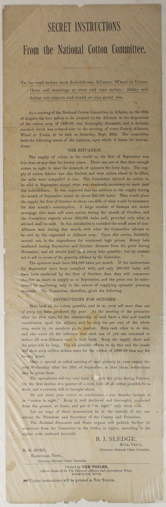 Item #2450 Secret Instructions from the National Cotton Committee [caption title]. Tennessee, Texas, Cotton.