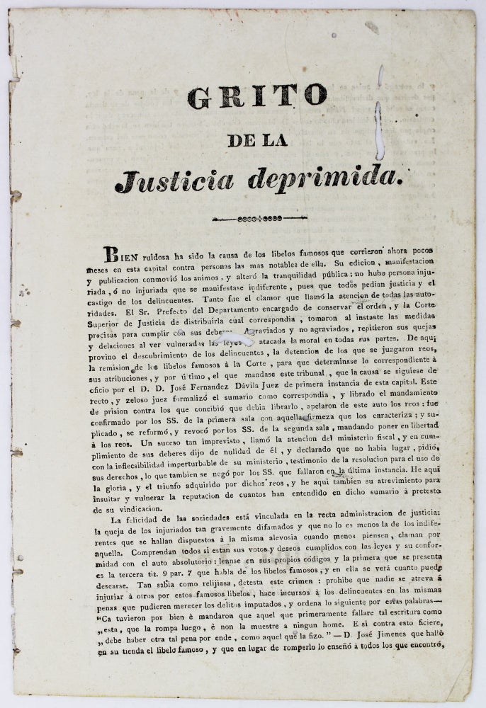 Item #2505 Grito de la Justicia Deprimida [caption title]. Peru, Law.