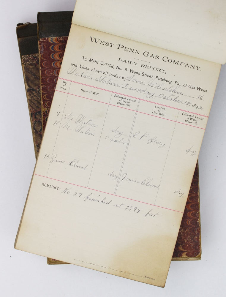 Item #2508 [Collection of Three Pennsylvania Oil and Gas Daily Report Ledgers, Recording Maintenance Details on Gas Wells During the Pennsylvania Oil Boom]. West Penn Gas Company.