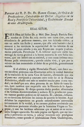 Sermon de Nuestra Señora de Guadalupe de Mexico, Predicado en Su Santuario el Año de 1777 Dia 14 de Diciembre en la Solemne Fiesta con Que Su Ilustre Congregacion Celebra Su Aparicion Milagrosañ