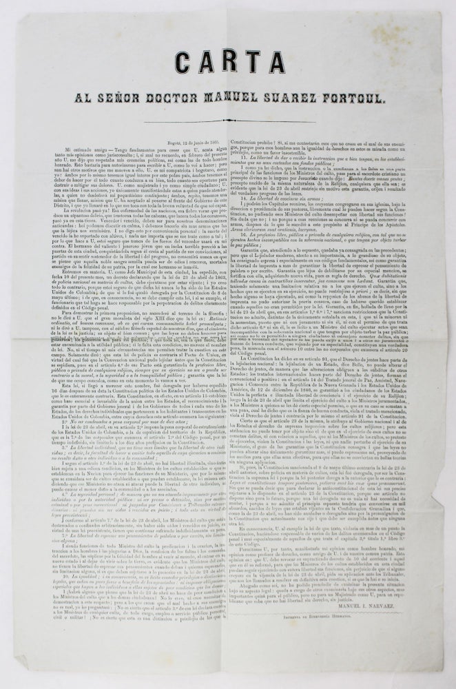 Item #2939 Carta al Señor Doctor Manuel Suarez Fortoul [caption title]. Colombia, Manuel Narvaez.