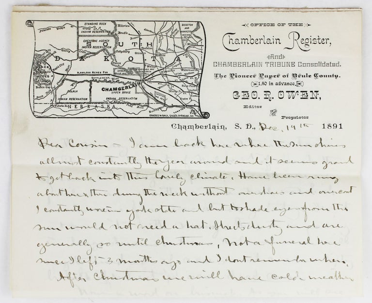 Item #3012 [Autograph Letter, Signed, by the Chamberlain, South Dakota, Newspaper Editor Regarding His Printing and Publishing Investments]. South Dakota, George Owen.