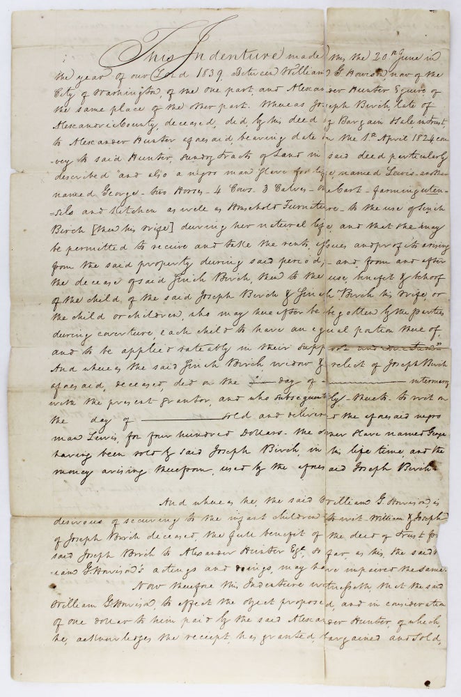 Item #3013 [Manuscript Indenture Between Two Citizens of the "City of Washington," Discussing the Transmission of Various Property, Including Two Slaves]. Slavery, D. C. Washington.