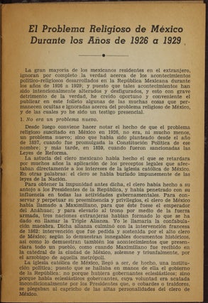 El Problema Religioso de Mexico Durante los Años de 1926 a 1929 [caption title]