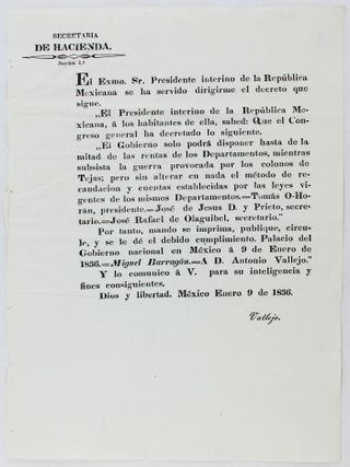 Item #3047 Secretaria de Hacienda. El Exmo. Sr. Presidente Interino de la Republica Mexicana Se...