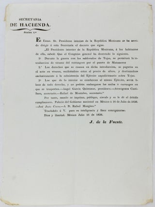 Item #3052 Secretaria de Hacienda... "El Presidente Interino de la Republica Mexicana, a los...