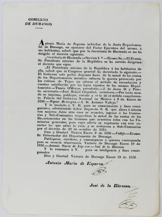 Item #3053 Gobierno de Durango. Antonio Maria de Esparza Individuo de la Junta Departamental de...
