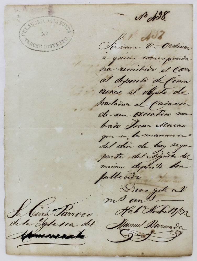 Item #3066 [Cuban Manuscript Document Noting the Death of a Chinese Laborer]. Cuba, Slavery.