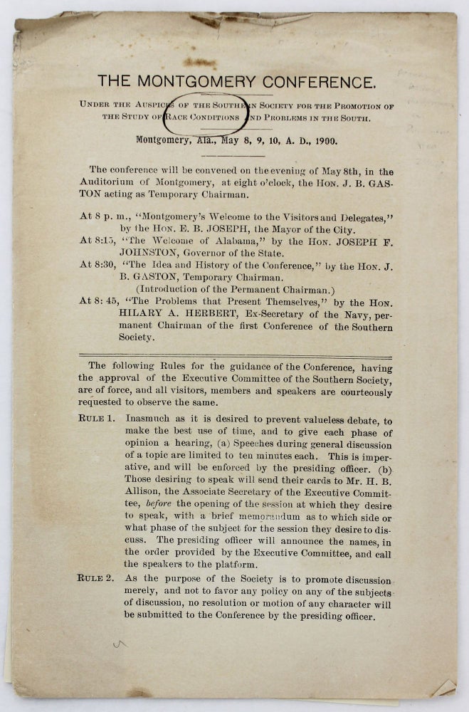 Item #3101 The Montgomery Conference. Under the Auspices of the Southern Society for the Promotion of the Study of Race Conditions and Problems in the South [caption title]. Alabama, Southern Society for the Promotion of the Study of Race Conditions, Civil Rights.