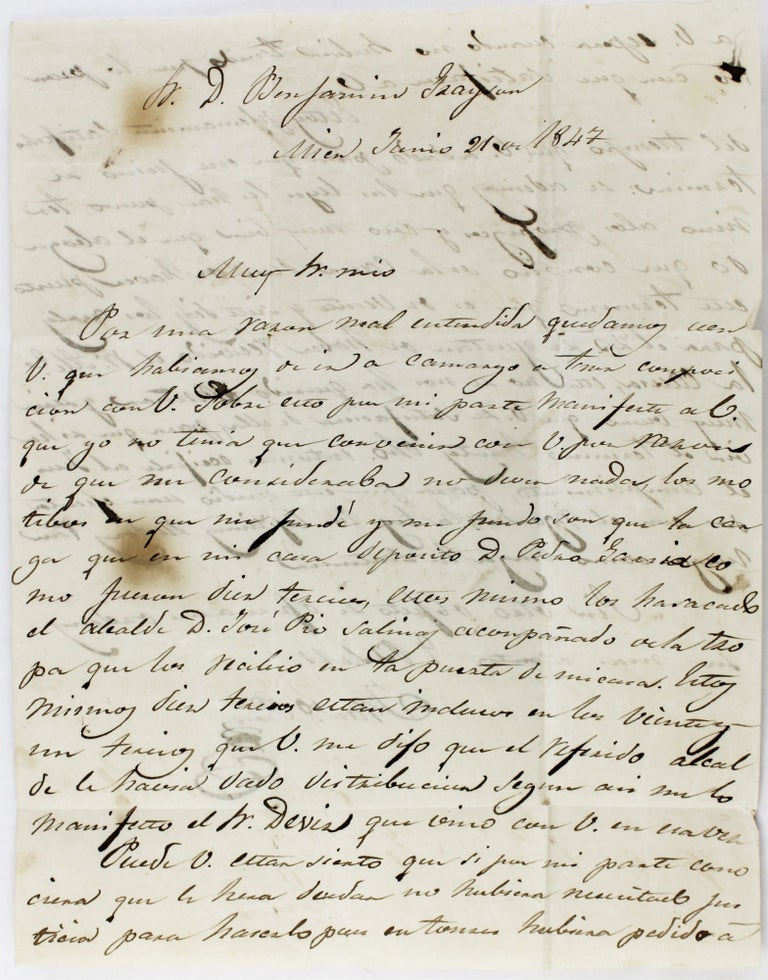 Item #3214 [Manuscript Letter, Signed, from a Local Mexican Business Associate to a Texas Merchant Who Supplied the American Army During the Mexican-American War]. Mexican-American War, Indentured Servitude.