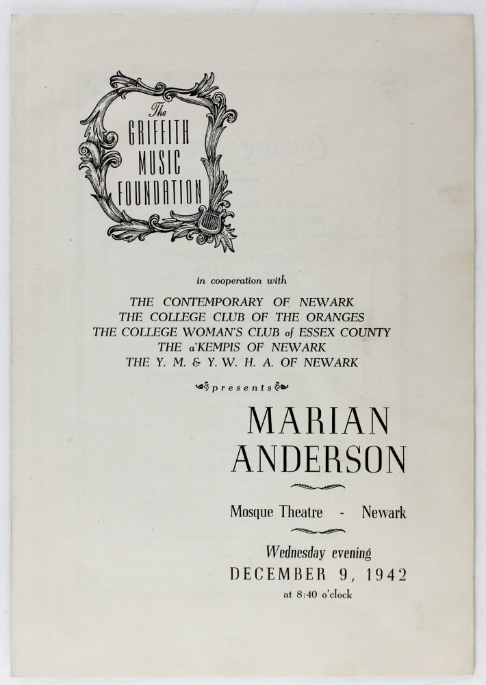 Item #3352 The Griffith Music Foundation...Presents Marian Anderson Mosque Theatre Newark [cover title]. African Americana, Marian Anderson.