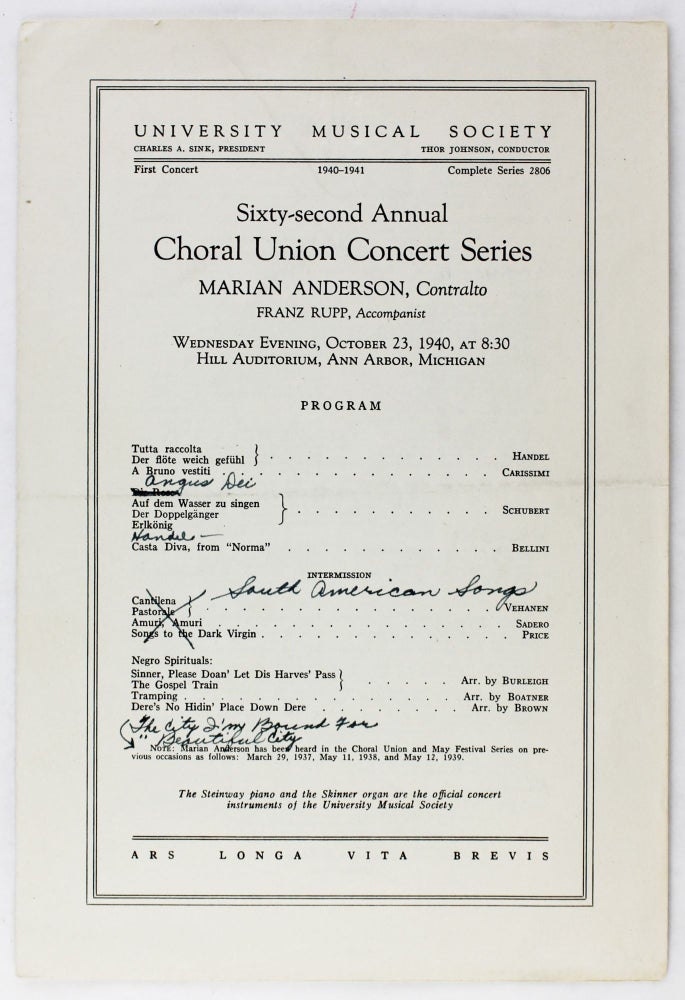 Item #3353 University Musical Society...Sixty-Second Annual Choral Union Concert Series Marian Anderson, Contralto...[cover title]. African Americana, Marian Anderson.