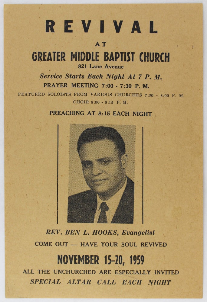 Item #3488 Revival at Greater Middle Baptist Church...Rev. Ben L. Hooks, Evangelist [caption title]. African Americana, Tennessee.