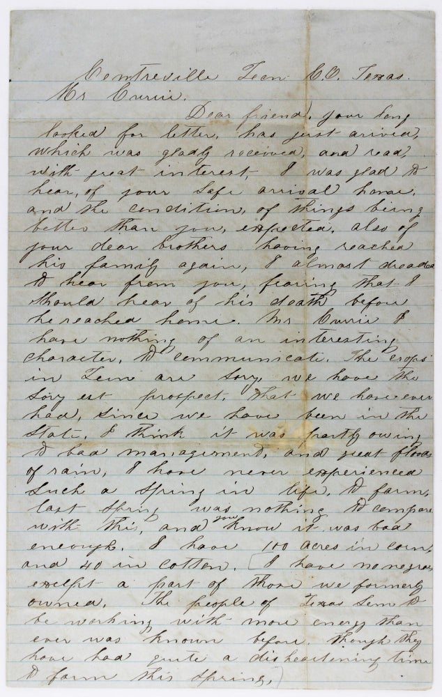Item #3491 [Detailed Manuscript Letter from Texas Corn and Cotton Farmer P.H. Burkhalter to "Mr. Currie," Regarding the Sorry State of Farming Conditions, Due in Large Part to the Impact of "Freed Negroes," Just After the End of the Civil War]. Texas, P. H. Burkhalter.