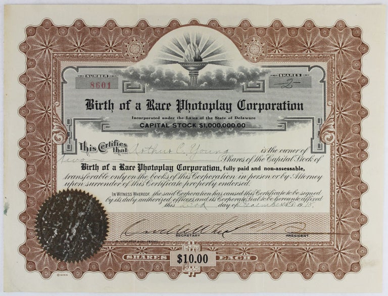 Item #3493 Birth of a Race Photoplay Corporation...Capital Stock...[caption title]. African Americana, Emmett J. Scott.